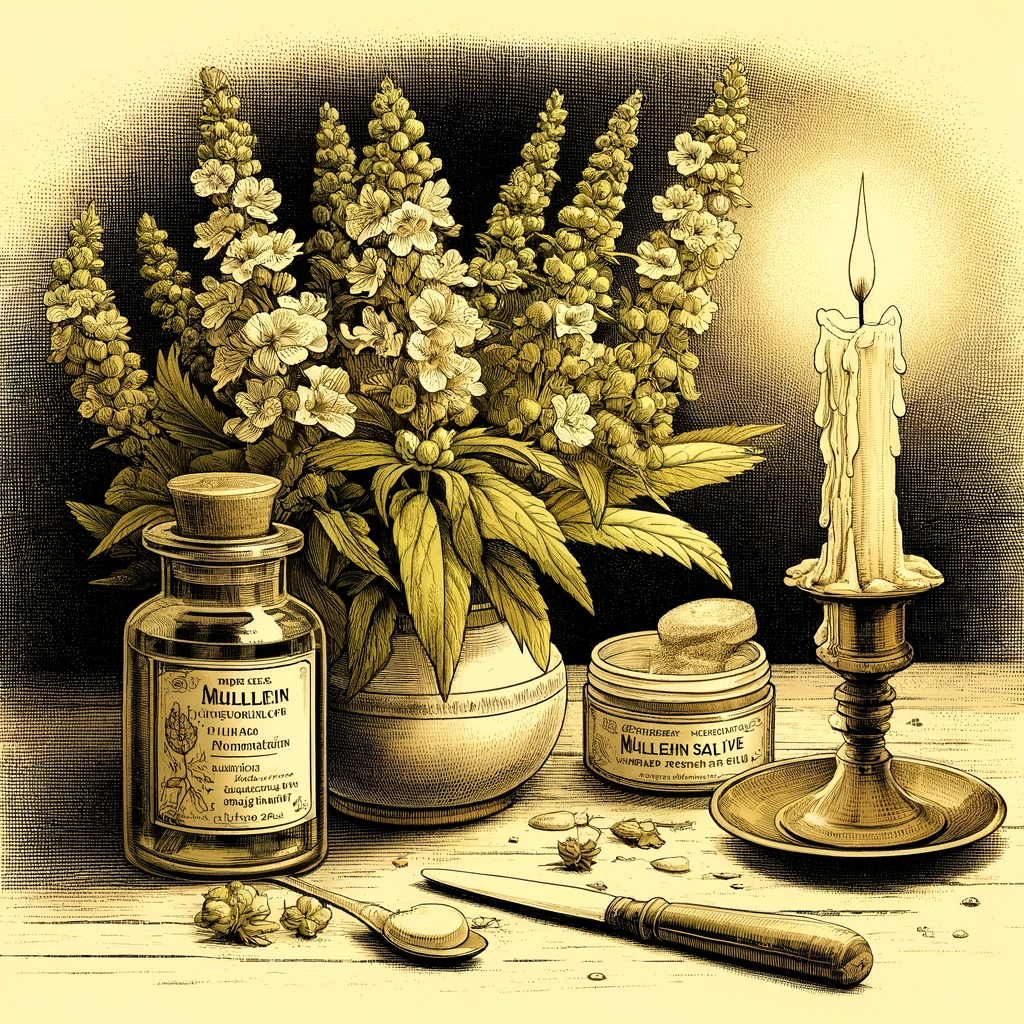 mullein flowers sitting next to a tincture bottle and some mullein salve