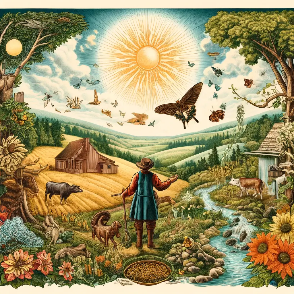 AN antique illustration depicting a harmonious relationship between a farmer and the natural world, inspired by the Haudenosaunee Thanksgiving Address.