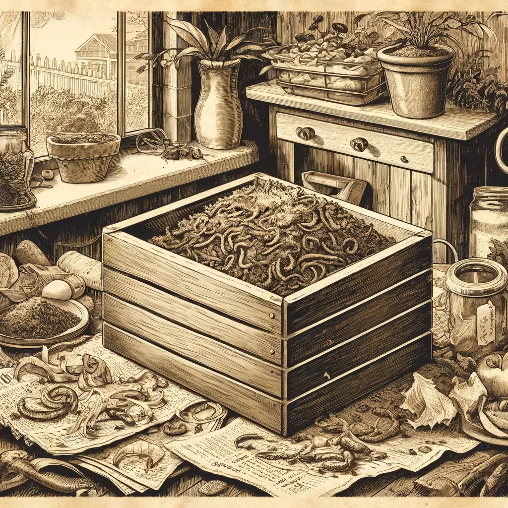 Antique-style illustration of an indoor vermicomposting setup, featuring a small bin with bedding material and worms, surrounded by food scraps in a cozy indoor setting with potted plants and a windowsill garden.