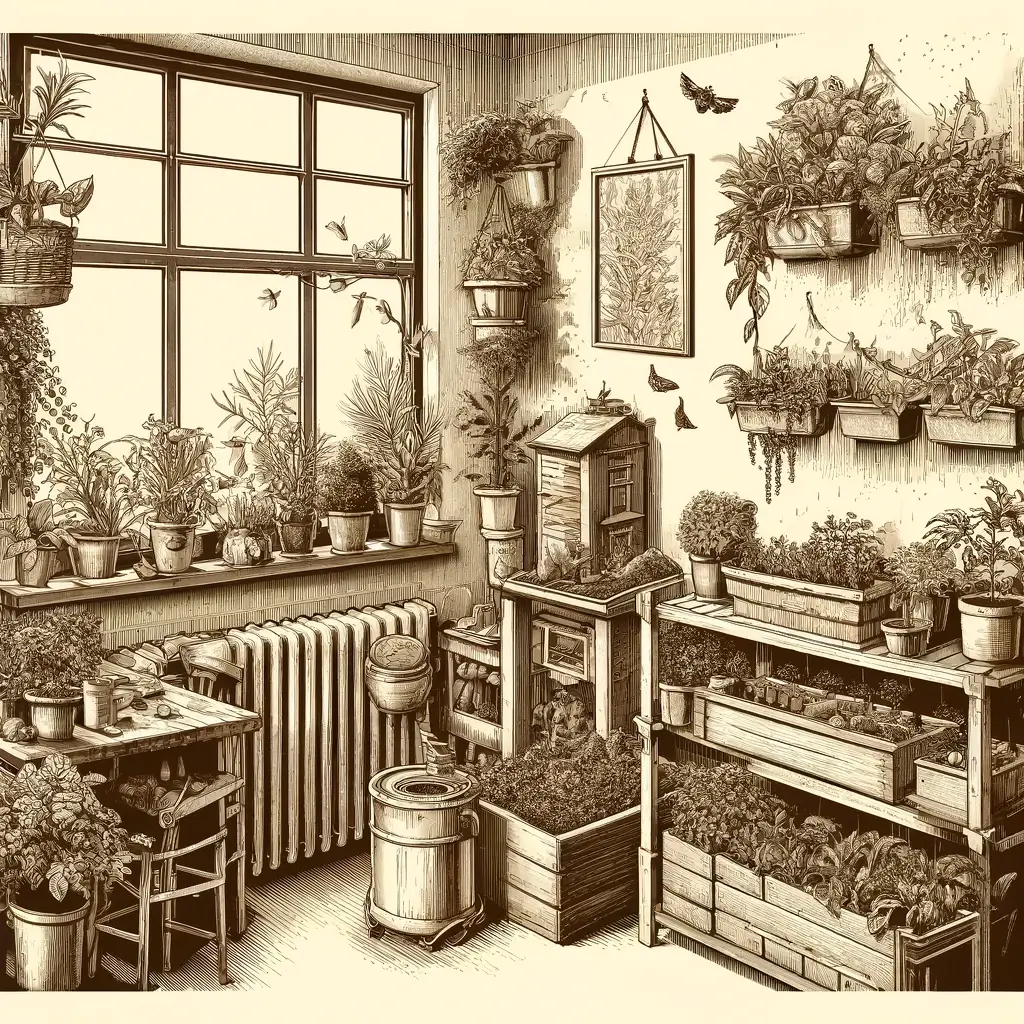 This illustration is a detailed, antique-style depiction of an urban apartment showcasing various elements of permaculture and homesteading