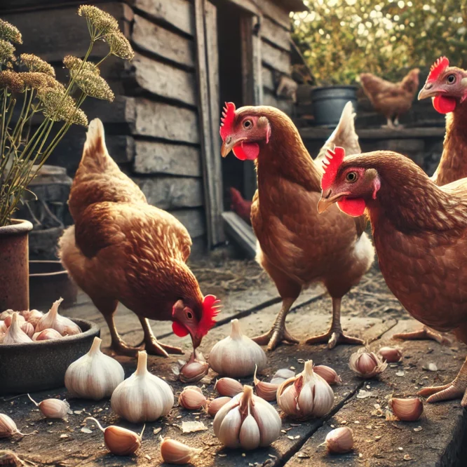 Little House Farms hens with cloves of garlic.