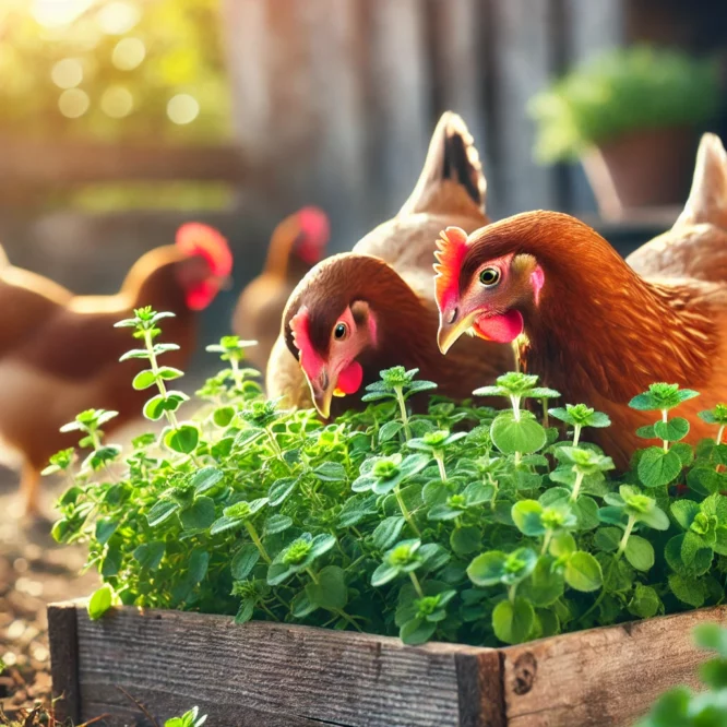 Little House Farm hens eating oregano.